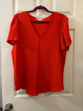 Textured V-Neck Blouse in Bright Red